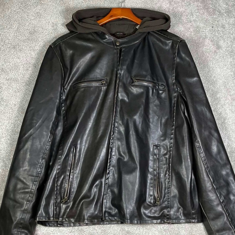 Levi's Faux Leather Jacket Men XL Black Hooded Sherpa Lined Moto Coat